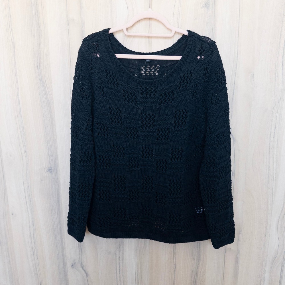 Banana Republic Womens Open Knit Sweater XL Black Heavy Crochet Classic Preppy